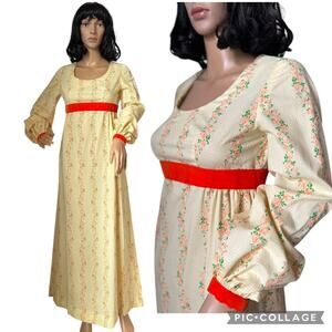 Vintage OOAK Empire waisted swiss dot yellow orange velvet floral dress small